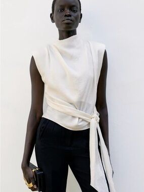 Zara Ivory Sleeveless Knot-Waist Top